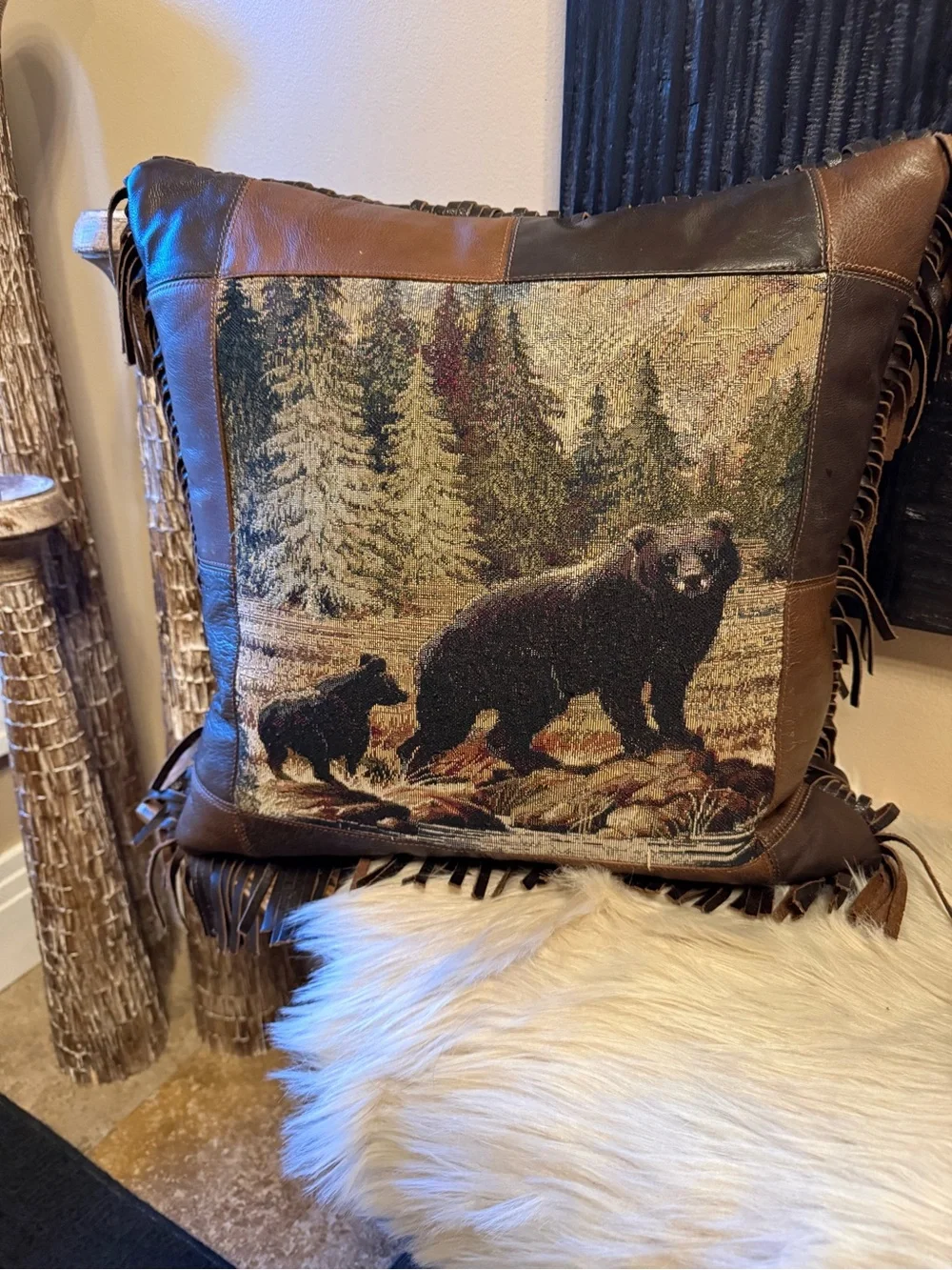 Bear Pillow Leather & Tapestry Throw Pillow Cabin, Mountain, Western Decor 17x17
